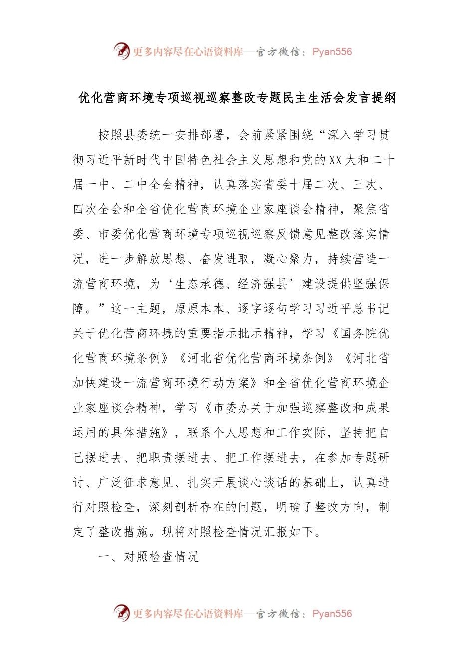 优化营商环境专项巡视巡察整改专题民主生活会发言提纲.docx_第1页
