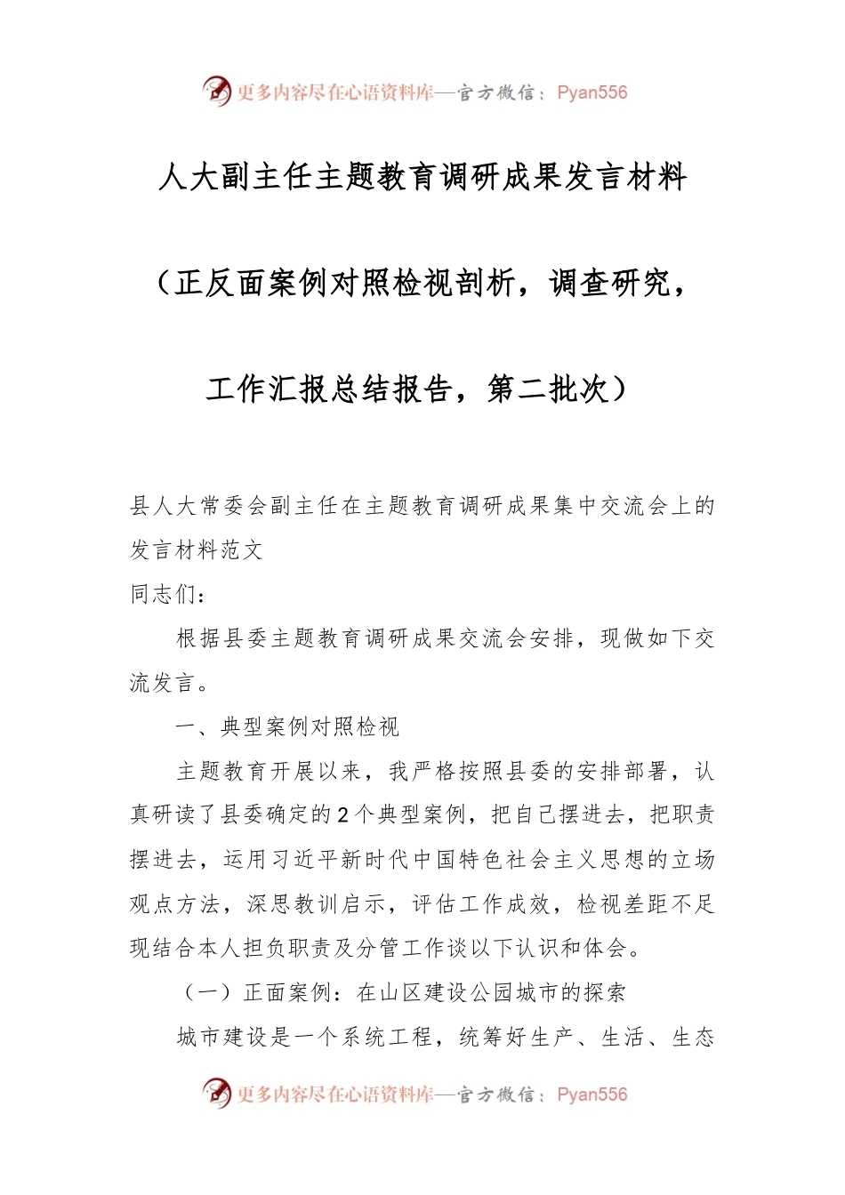 人大副主任主题教育调研成果发言材料（正反面案例对照检视剖析，调查研究，工作汇报总结报告，第二批次）.docx_第1页