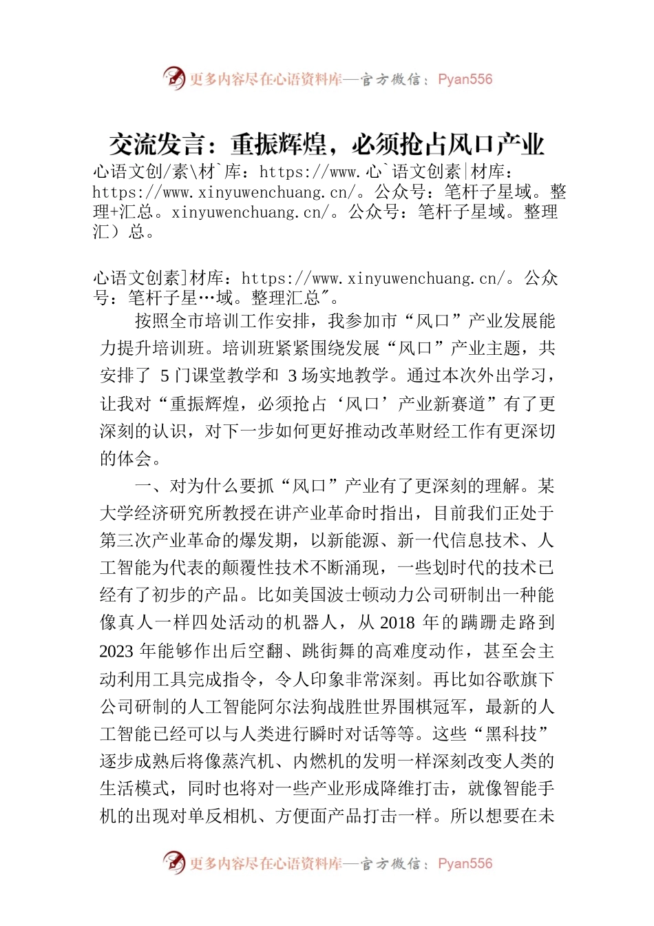 交流发言：重振辉煌，必须抢占风口产业新赛道.docx_第1页