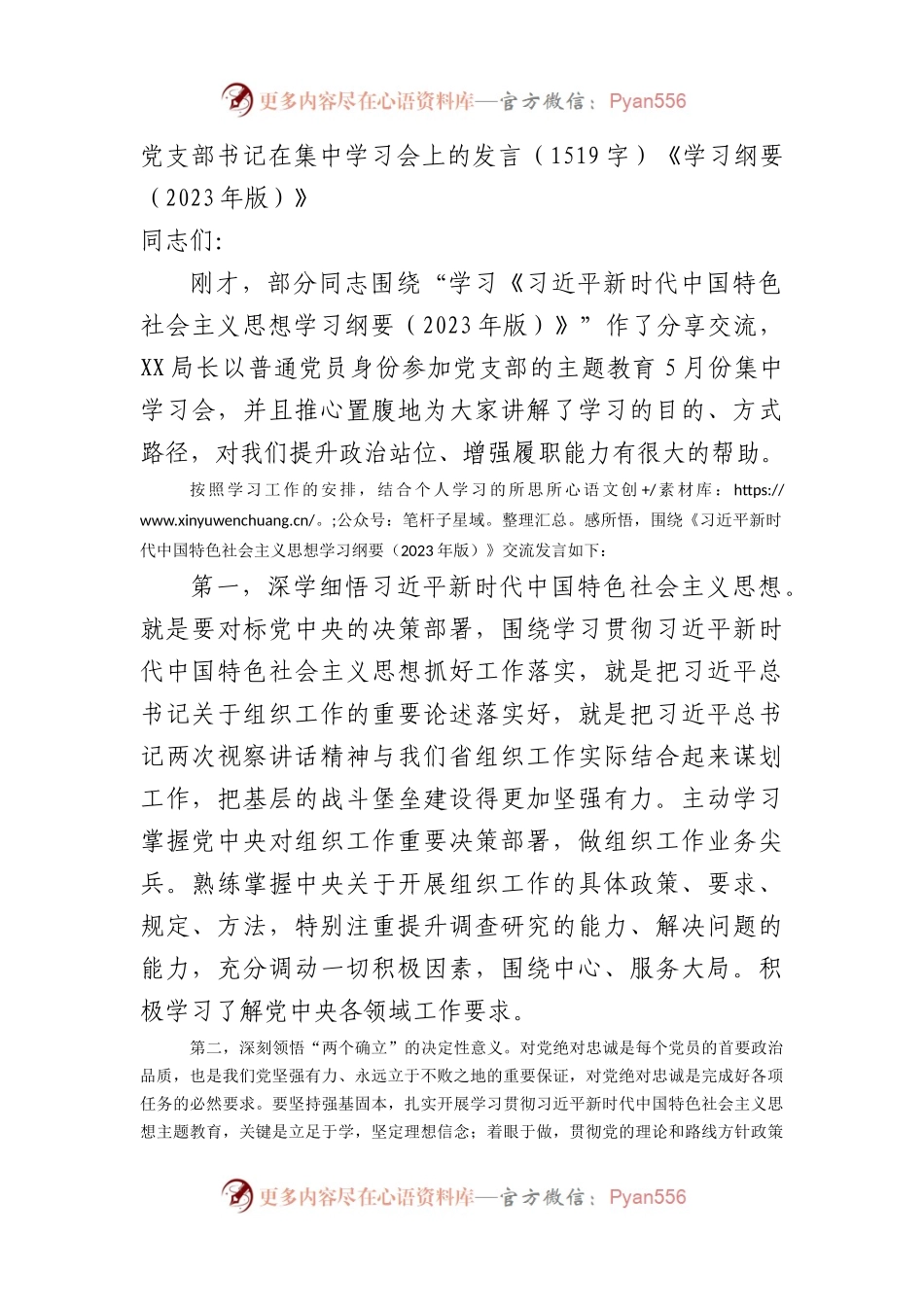 主题教育党支部书记在集中学习会上的发言《学习纲要（2023年版）》.docx_第1页