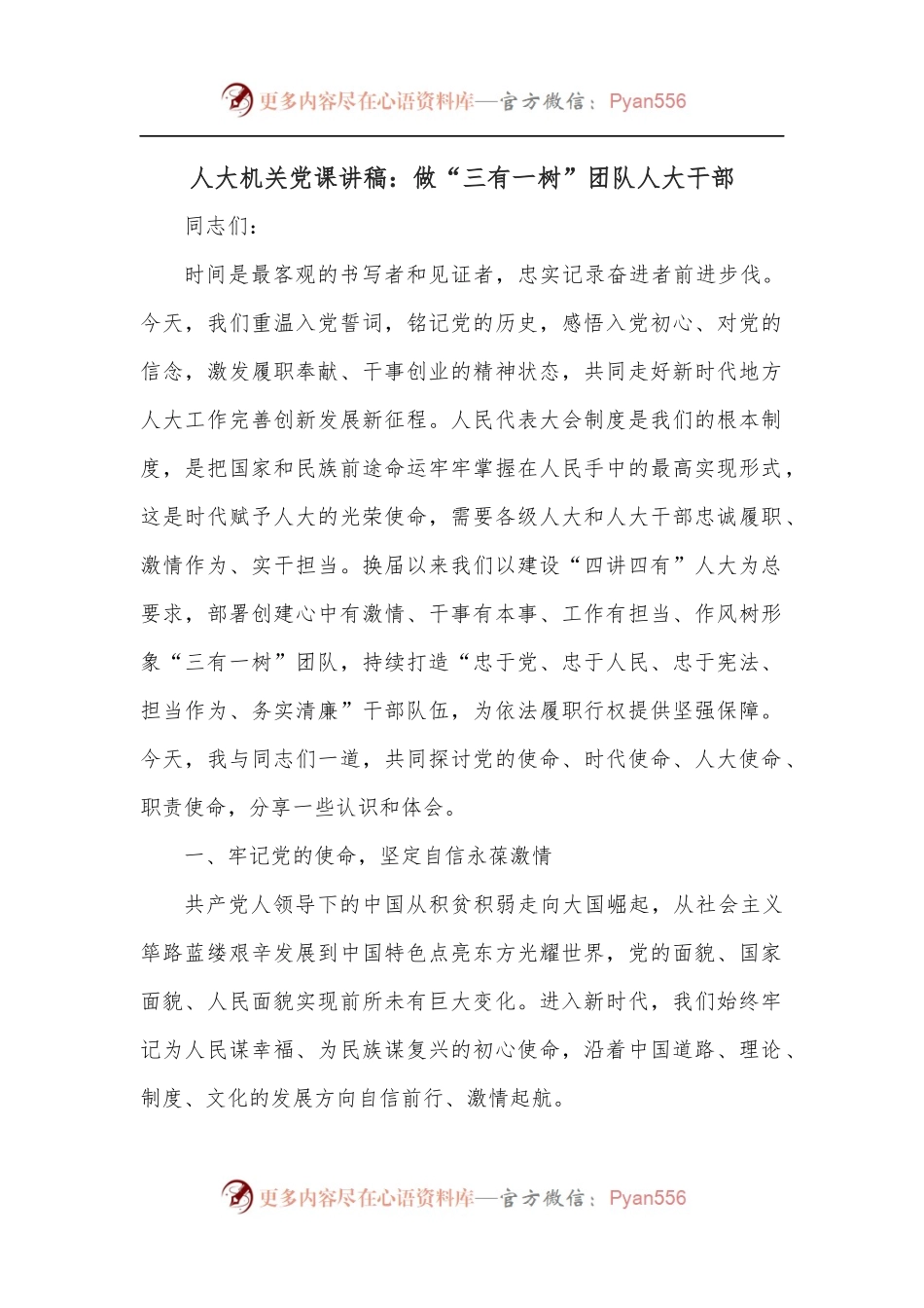 人大机关党课讲稿：做“三有一树”团队人大干部.docx_第1页