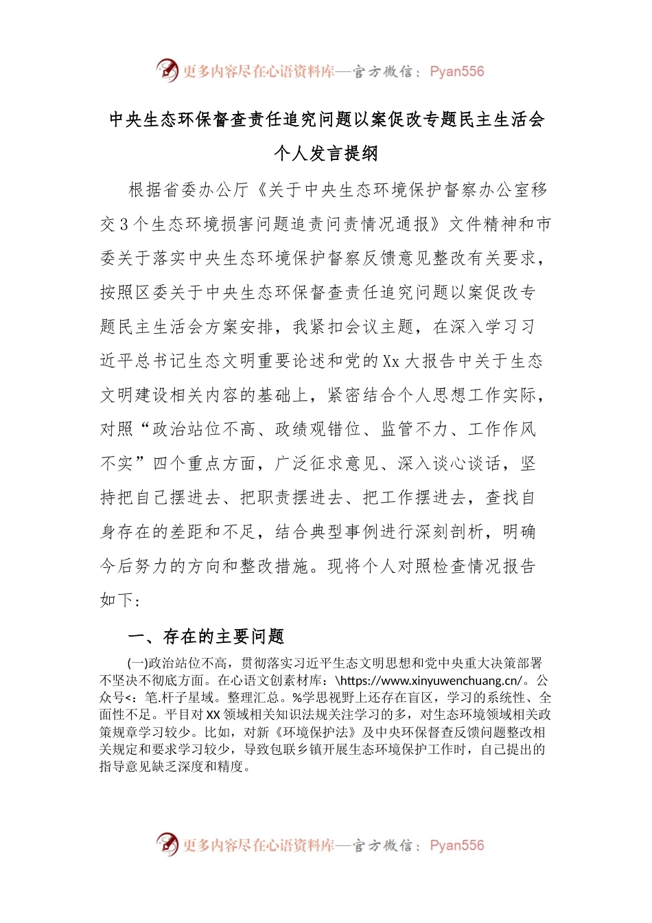 中央生态环保督查责任追究问题以案促改专题民主生活会个人发言提纲.docx_第1页