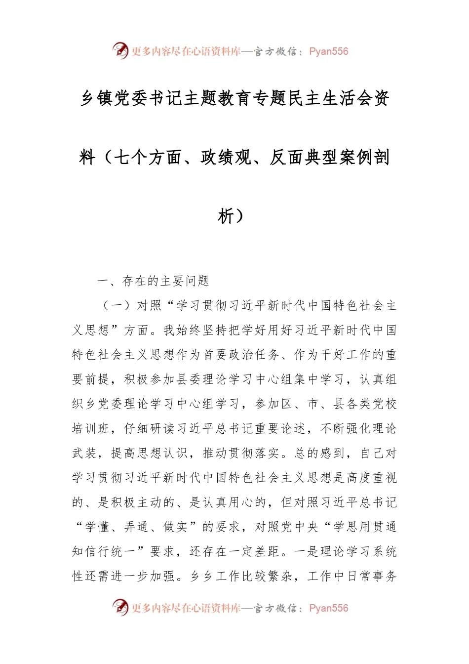 乡镇党委书记主题教育专题民主生活会资料（七个方面、政绩观、反面典型案例剖析）.docx_第1页
