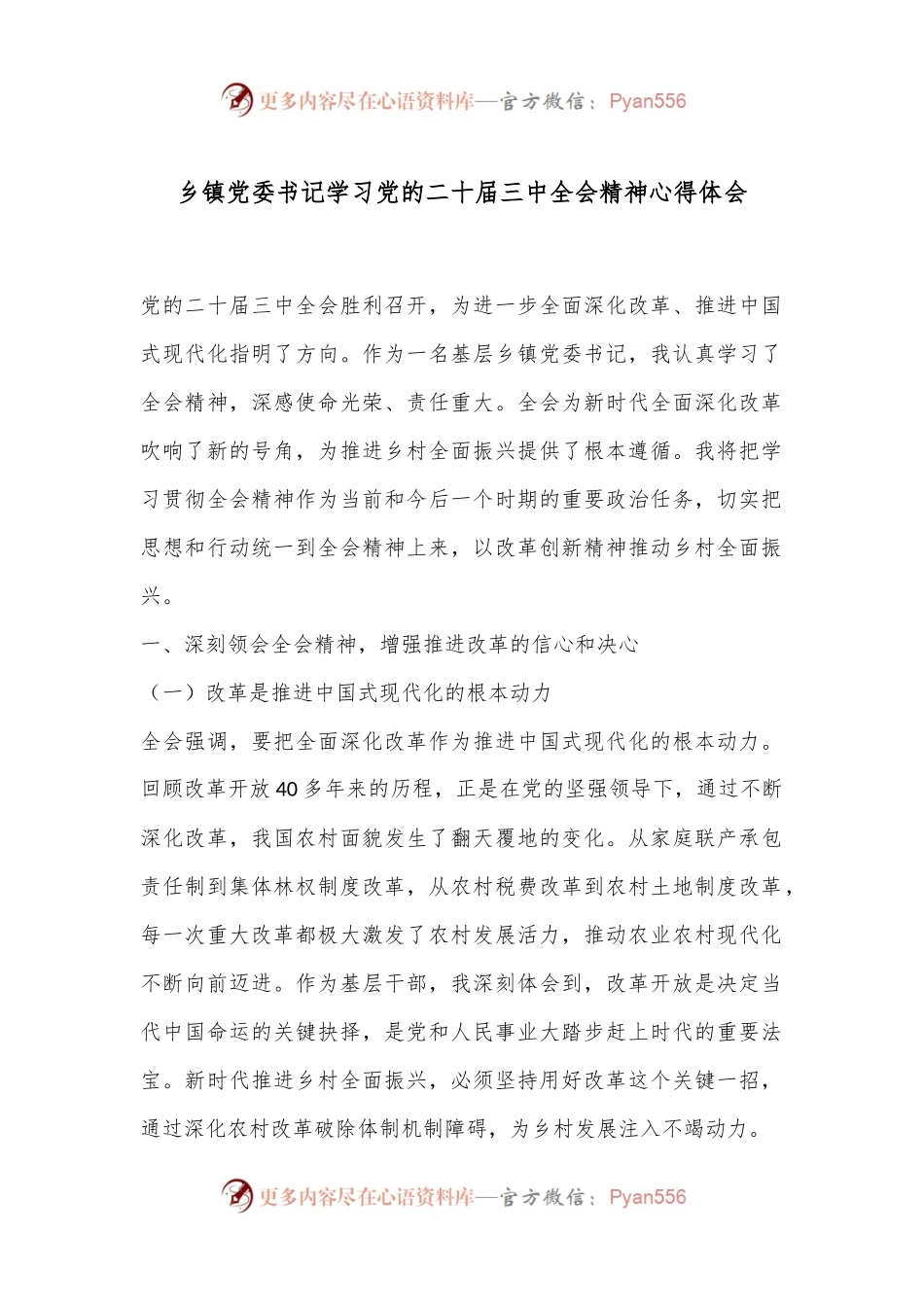 乡镇党委书记学习党的二 十届三 中全会精神心得体会.docx_第1页