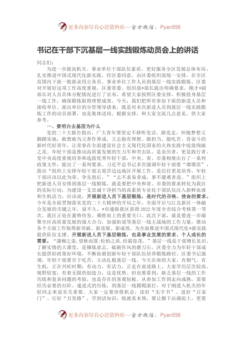 书记在干部下沉基层一线实践锻炼动员会上的讲话.docx_第1页