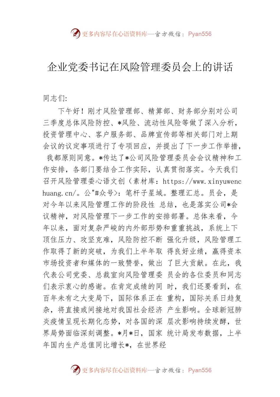 企业党委书记在风险管理委员会上的讲话.docx_第1页