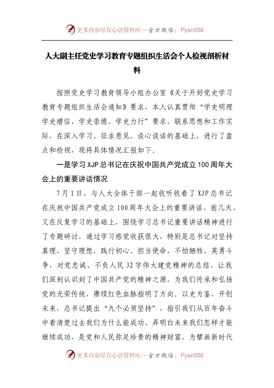 人大副主任党史学习教育专题组织生活会个人检视剖析材料.docx_第1页