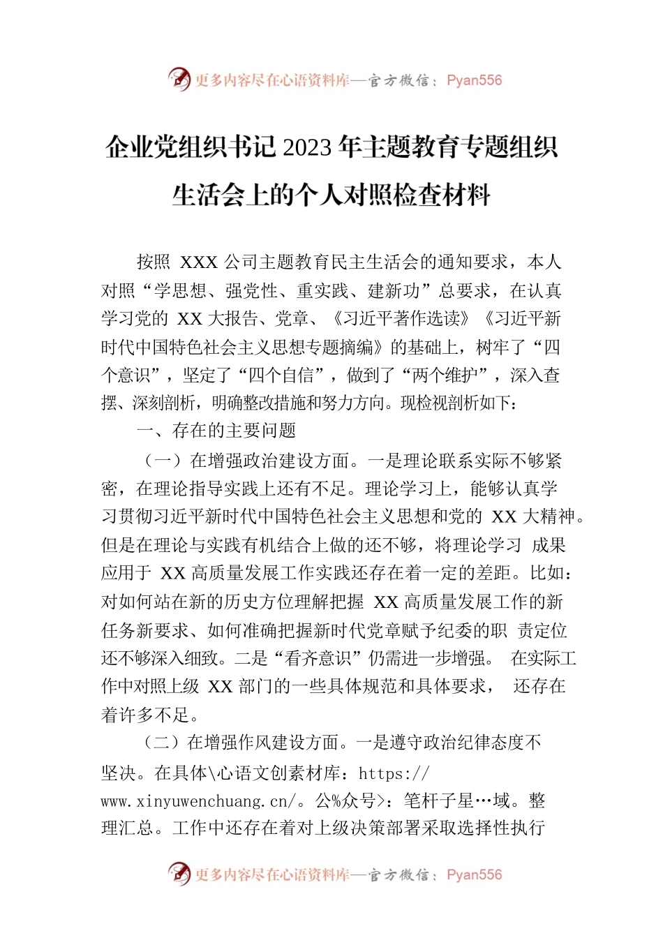 企业党组织书记2023年主题教育专题组织生活会上的个人对照检查材料.docx_第1页