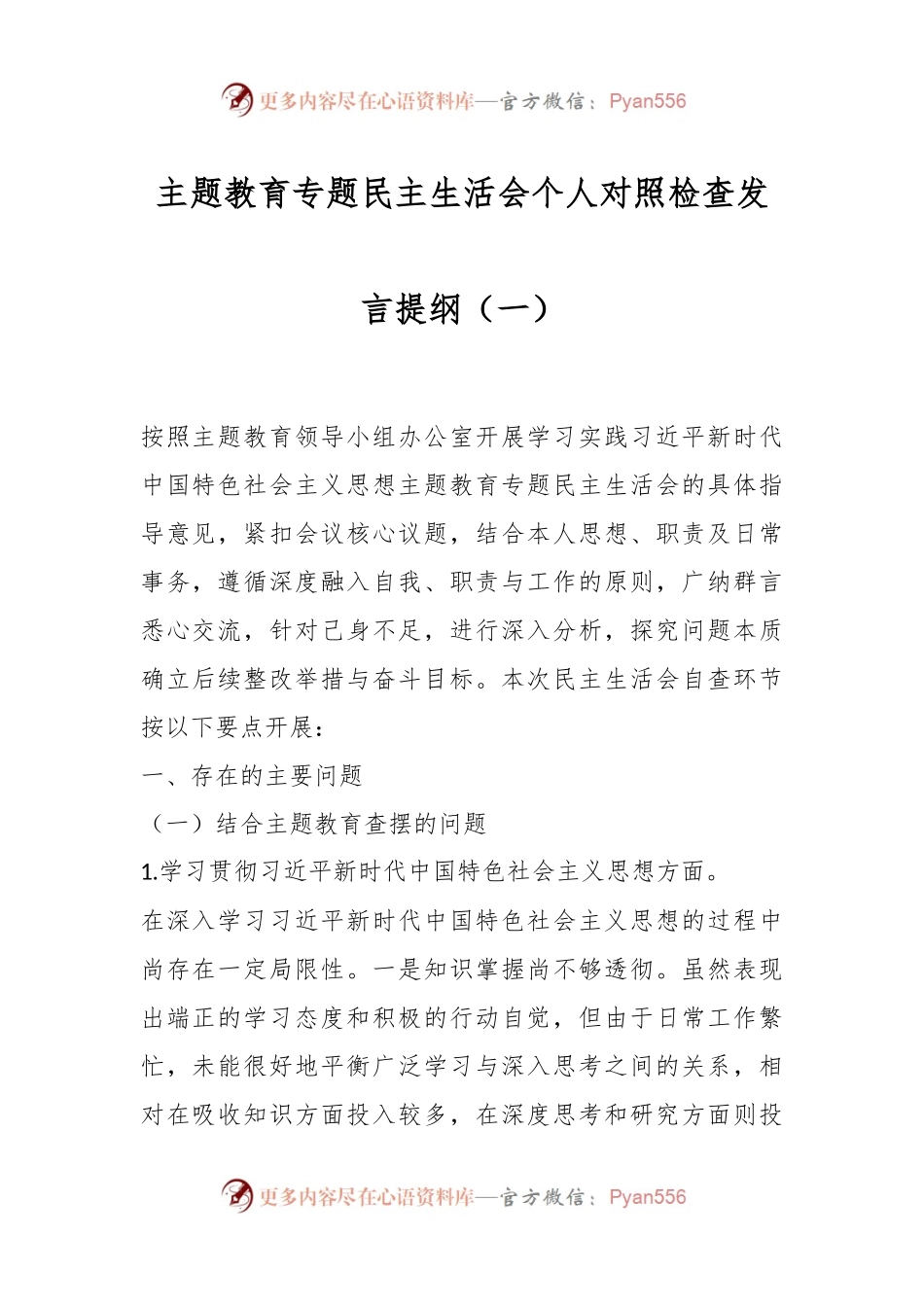 主题教育专题民主生活会个人对照检查发言稿提纲（一）.docx_第1页