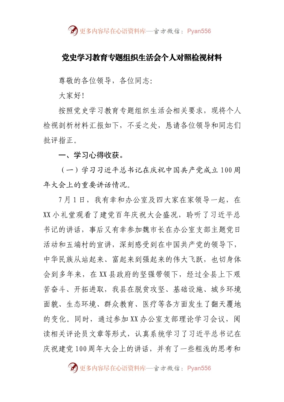 党史学习教育专题组织生活会个人对照检视材料（一）.docx_第1页