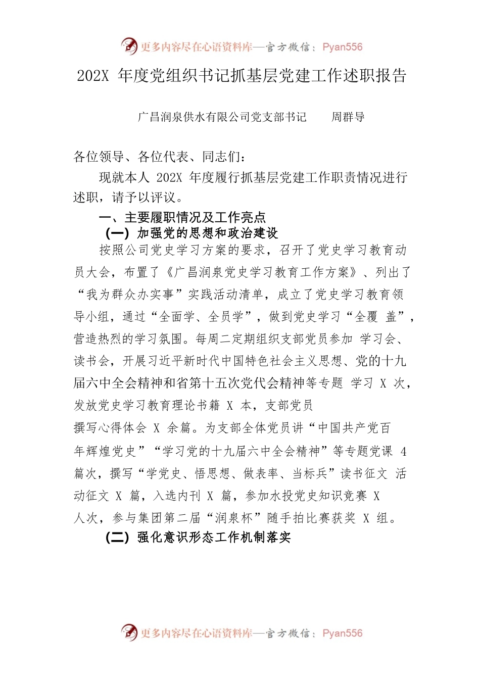 公司党支部书记202X年度党组织书记抓基层党建工作述职报告.docx_第1页