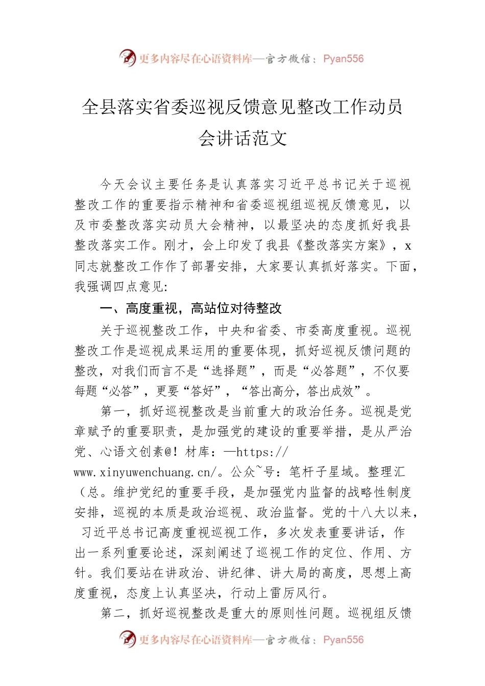 全县落实省委巡视反馈意见整改工作动员会讲话范文.docx_第1页