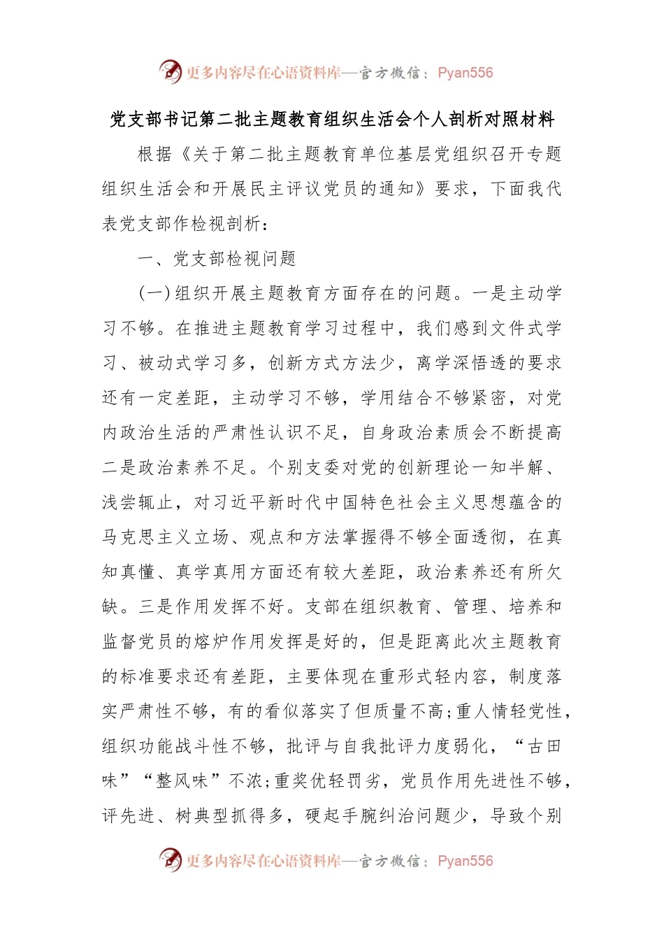 党支部书记第二批主题教育组织生活会个人剖析对照材料.docx_第1页