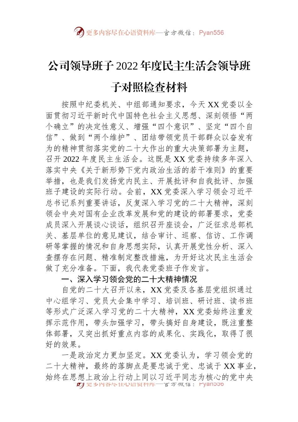 公司领导班子2022年度民主生活会领导班子对照检查材料.docx_第1页