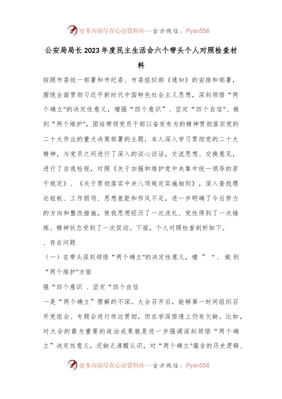 公安局局长2023年度民主生活会六个带头个人对照检查材料.docx_第1页