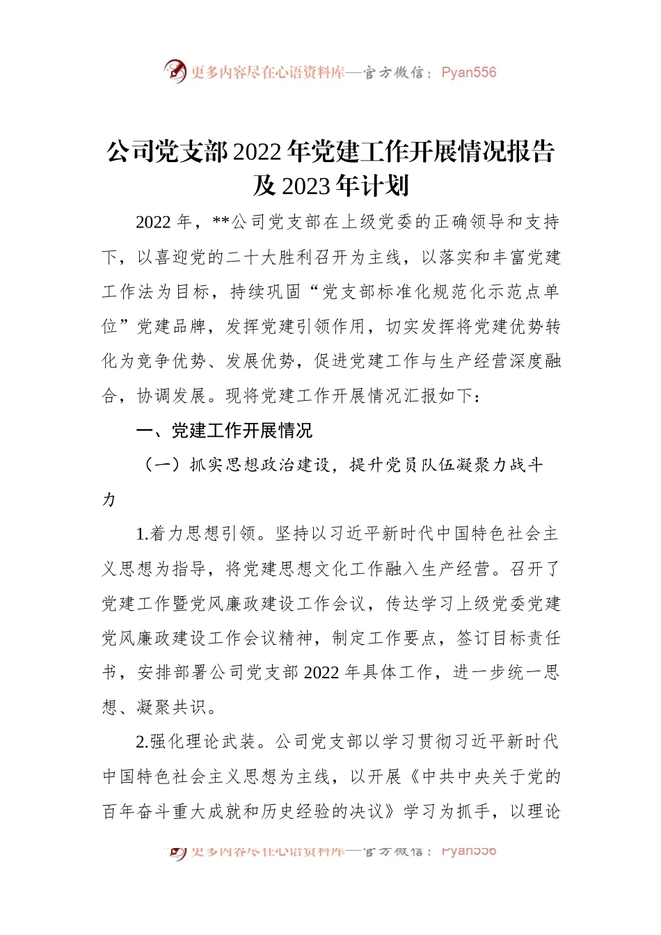 公司党支部2022年党建工作开展情况报告及2023年计划.docx_第1页