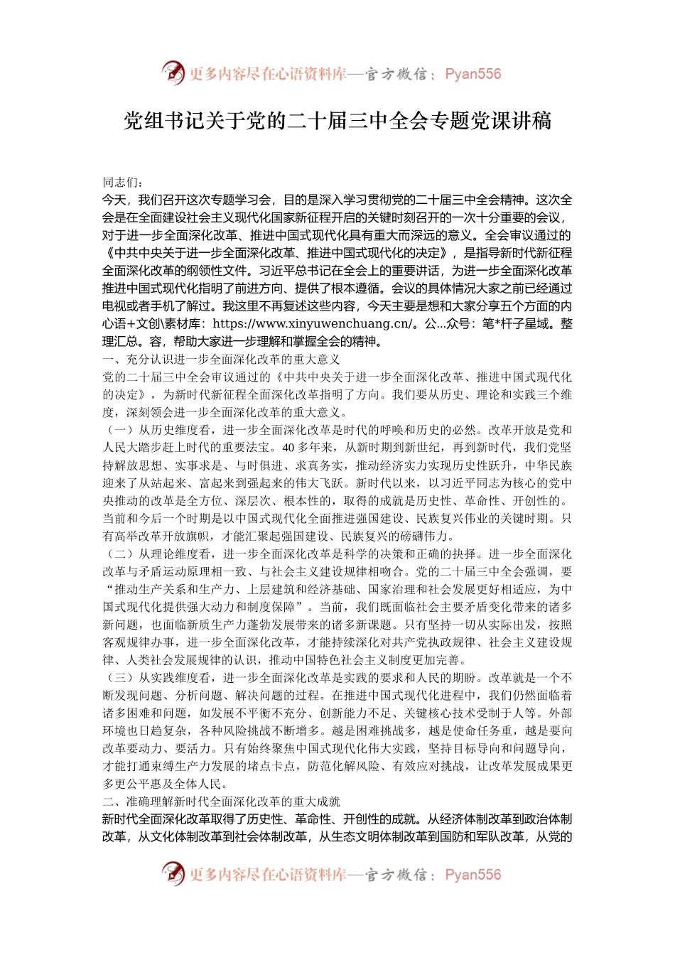 党组书记关于党的二十届三中全会专题党课讲稿.docx_第1页