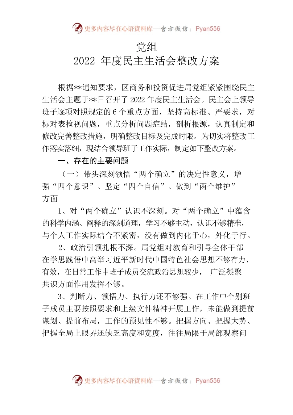 党组2022年度民主生活会整改方案.docx_第1页