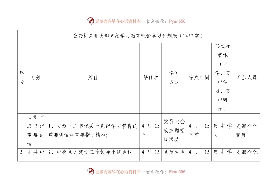 公安机关党支部党纪学习教育理论学习计划（表格样式）.docx_第1页