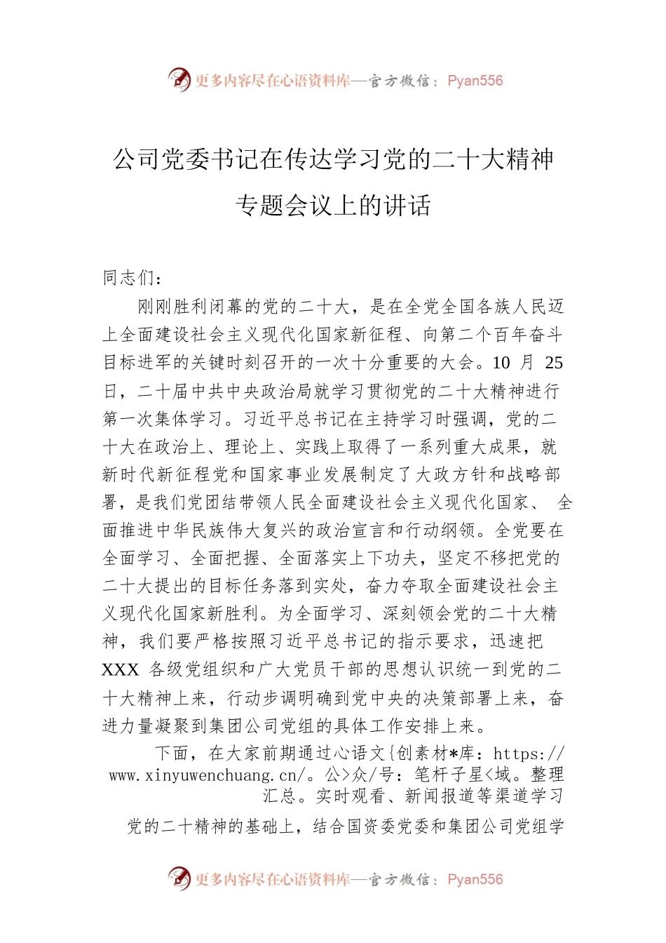 公司党委书记在传达学习党的二十大精神专题会议上的讲话.docx_第1页
