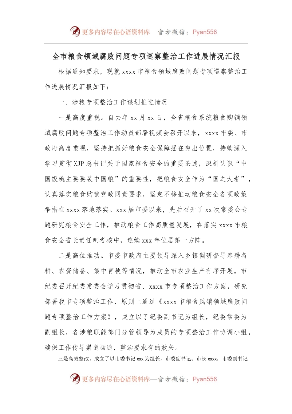 全市粮食领域腐败问题专项巡察整治工作进展情况汇报.docx_第1页
