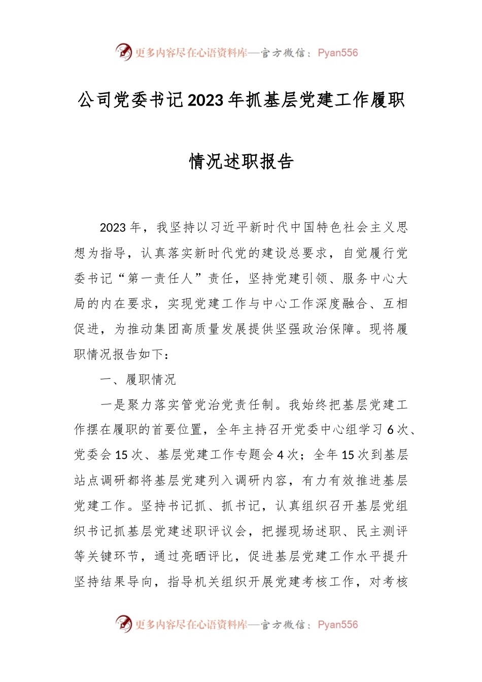 公司党委书记2023年抓基层党建工作履职情况述职报告.docx_第1页