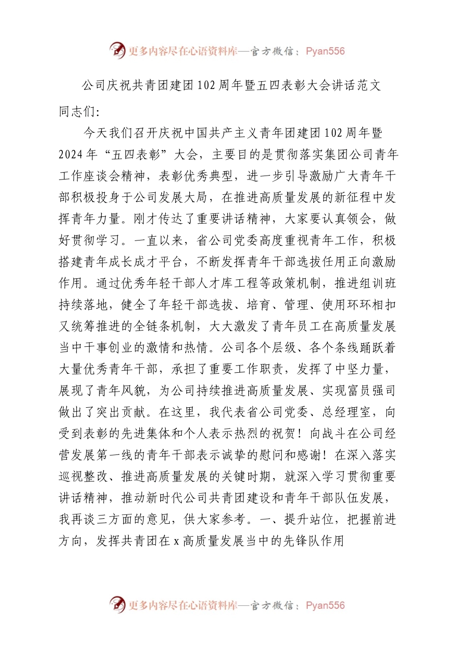 公司庆祝共青团建团102周年暨五四表彰大会讲话（国有企业青年节会议）.docx_第1页