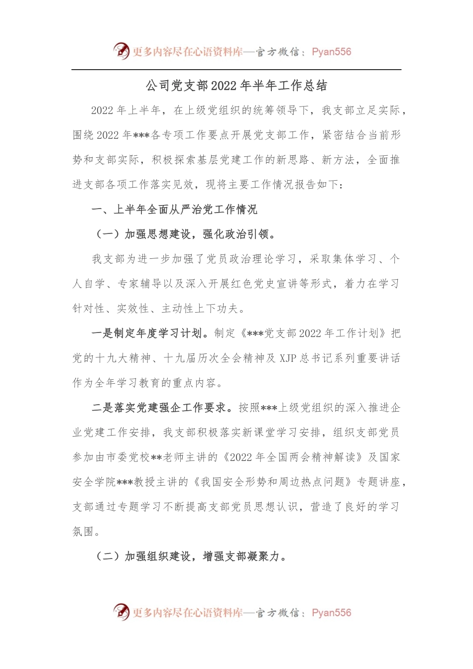 公司党支部2022年半年工作总结.docx_第1页