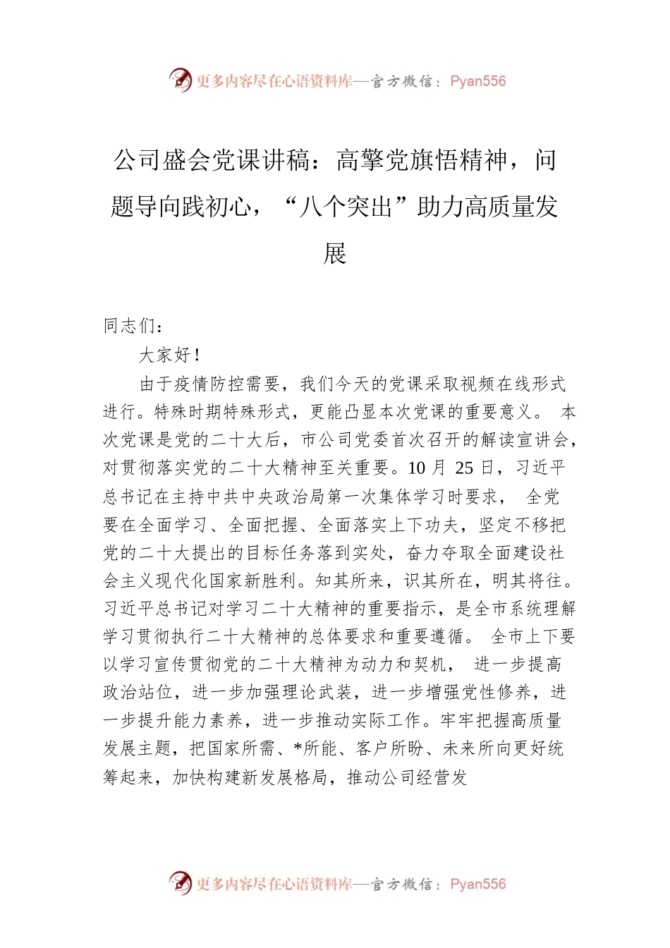公司盛会党课讲稿：高擎党旗悟精神，问题导向践初心，“八个突出”助力高质量发展.docx_第1页