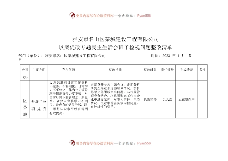 公司以案促改专题民主生活会班子检视问题整改清单整改台账.docx_第1页
