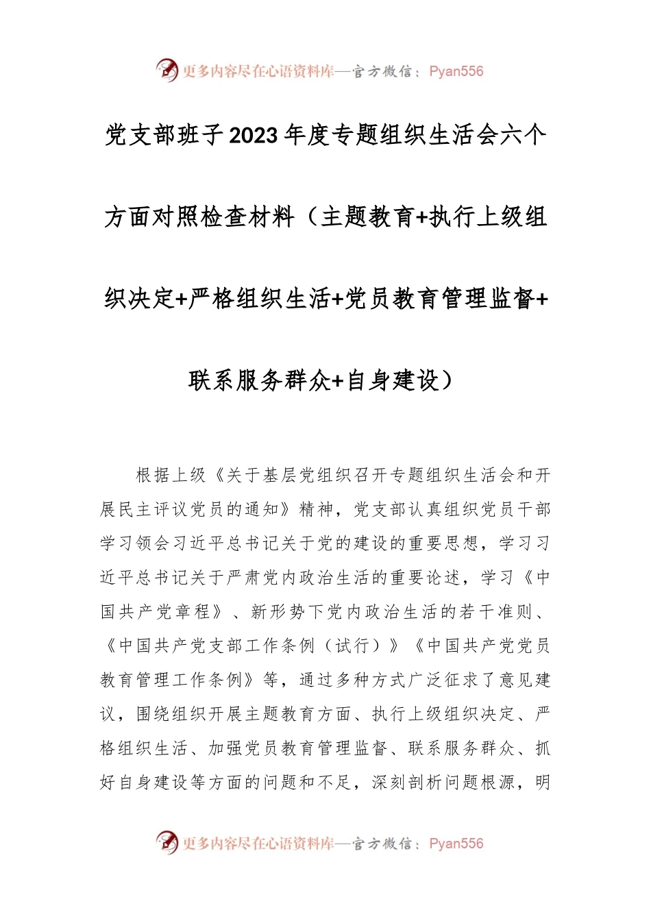 党支部班子2023年度专题组织生活会六个方面对照检查材料（主题教育+执行上级组织决定+严格组织生活+党员教育管理监督+联系服务群众+自身建设）.docx_第1页