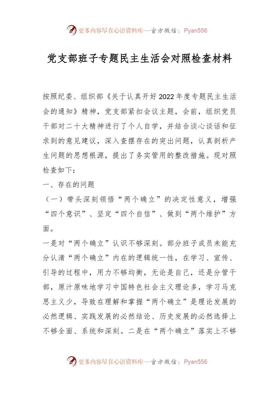 党支部班子专题民主生活会对照检查材料2.docx_第1页