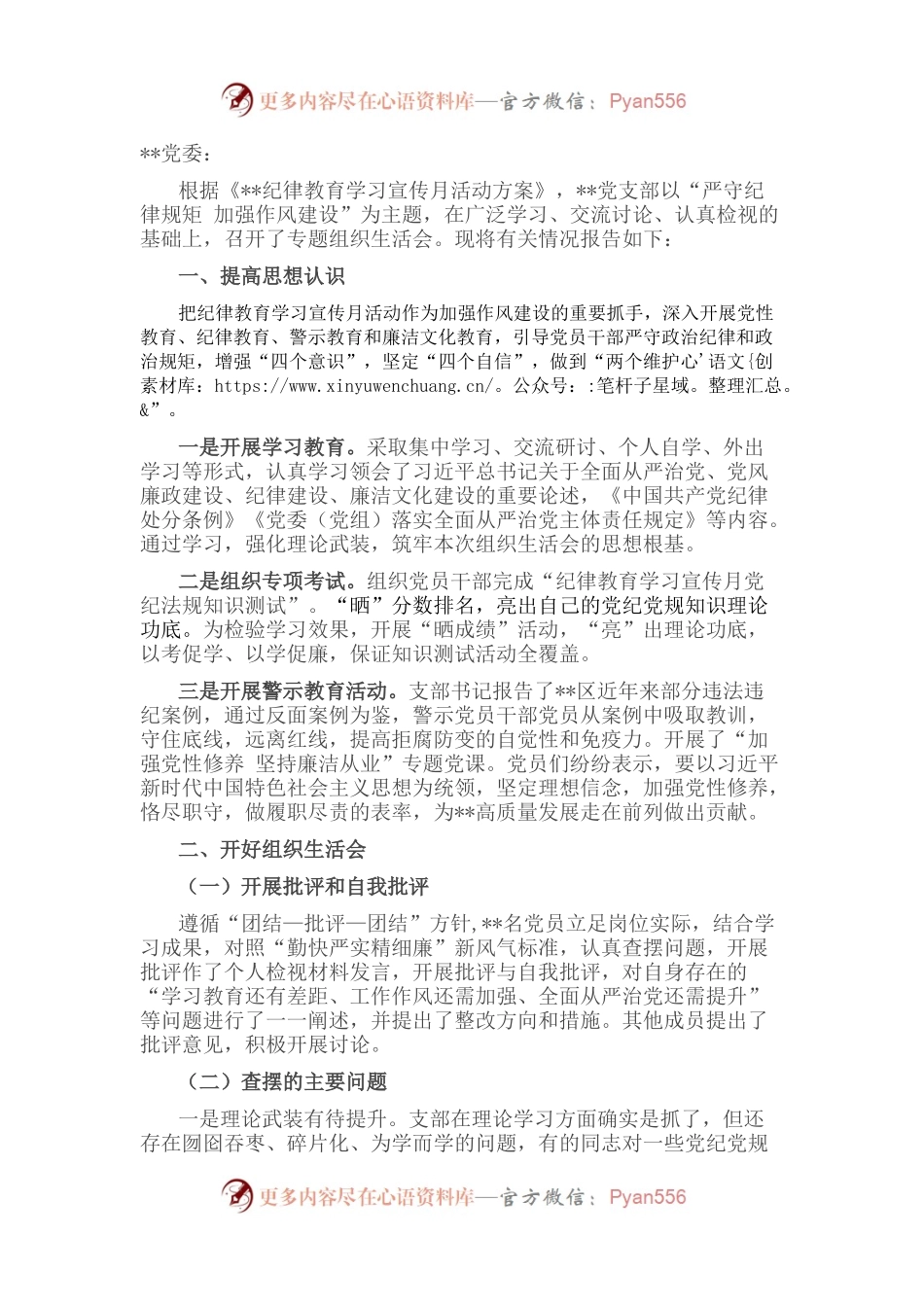 党支部“严守纪律规矩 加强作风建设”专题组织生活会召开情况的报告.docx_第1页