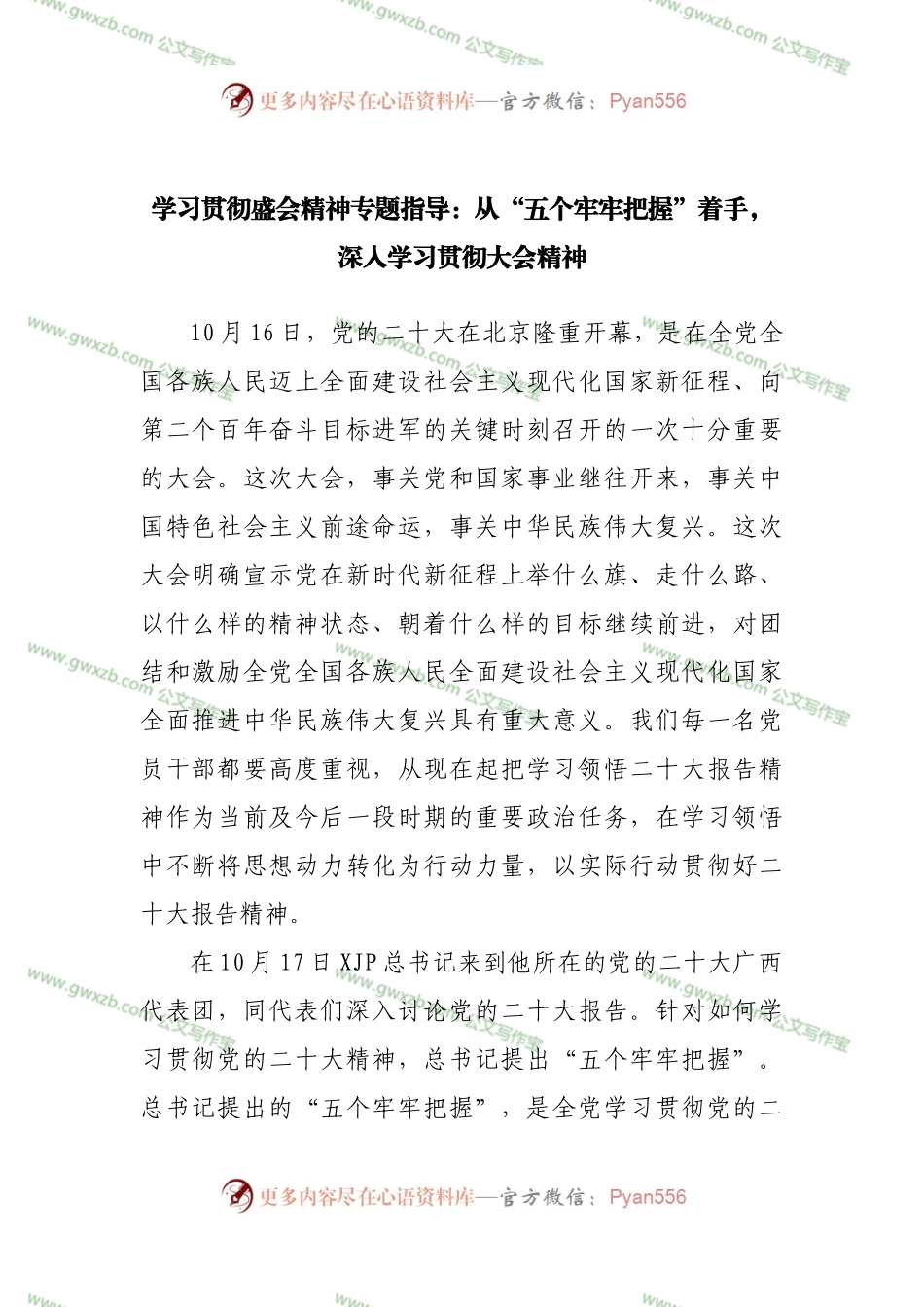 党课宣讲稿：从“五个牢牢把握”着手，深入学习贯彻盛会精神.docx_第1页