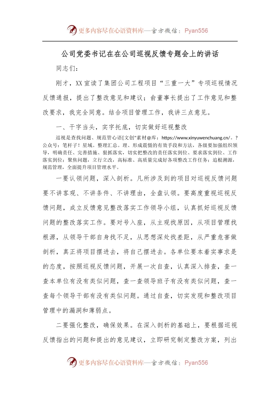 公司党委书记在在公司巡视反馈专题会上的讲话.docx_第1页