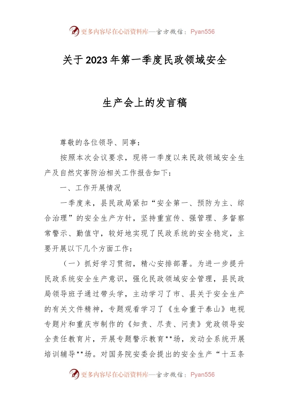 关于2023年第一季度民政领域安全生产会上的发言稿.docx_第1页