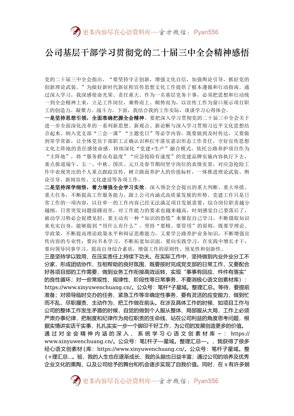 公司基层干部学习贯彻党的二十届三中全会精神感悟.docx_第1页