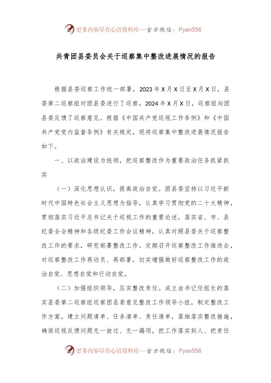 共青团县委员会关于巡察集中整改进展情况的报告.docx_第1页