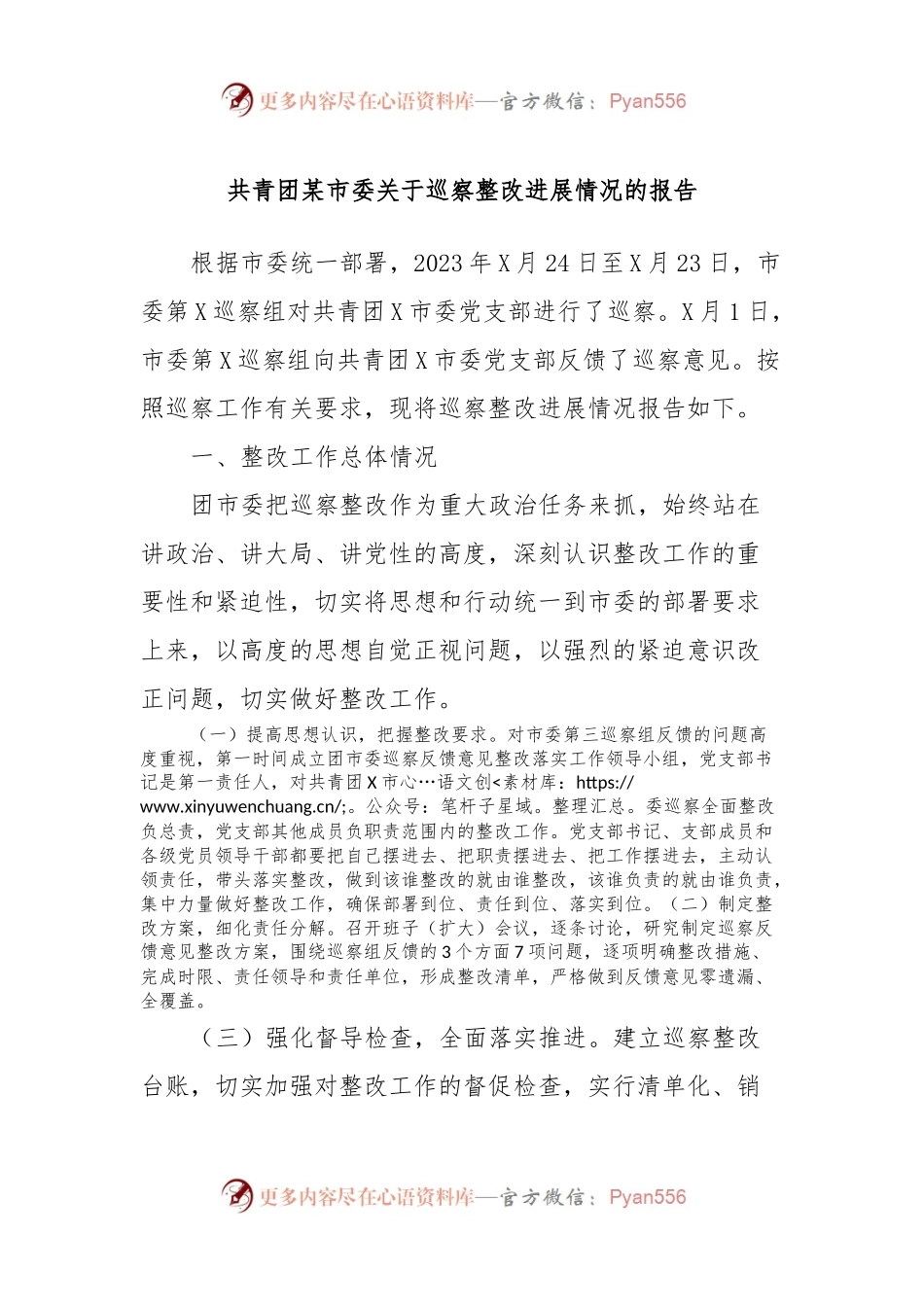 共青团某市委关于巡察整改进展情况的报告.docx_第1页