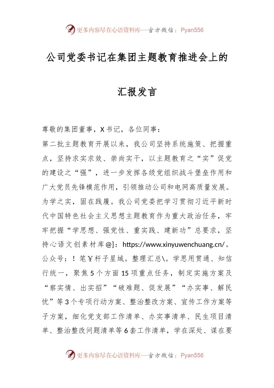 公司党委书记在集团主题教育推进会上的汇报发言.docx_第1页