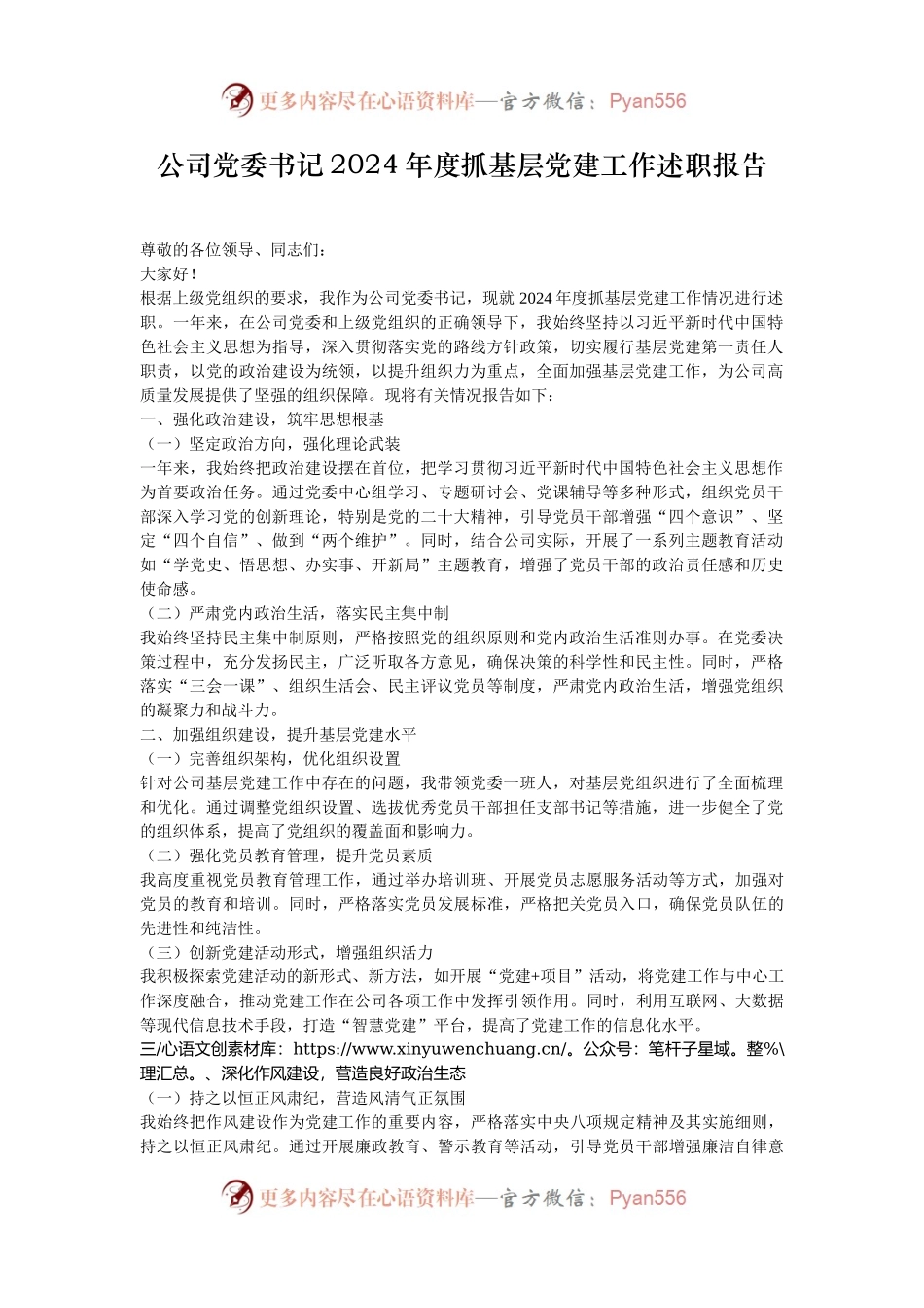 公司党委书记2024年度抓基层党建工作述职报告.docx_第1页