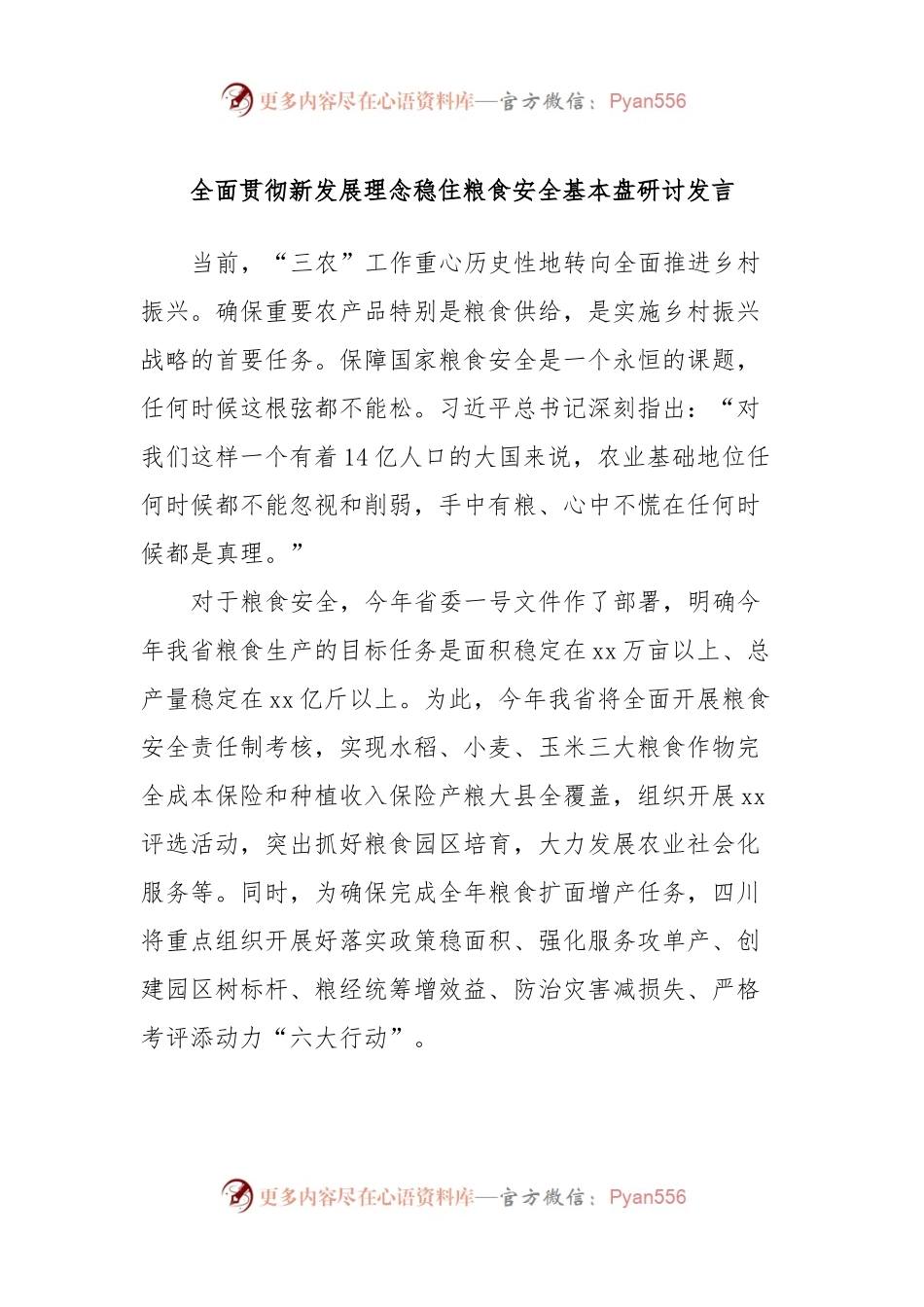 全面贯彻新发展理念稳住粮食安全基本盘研讨发言.docx_第1页