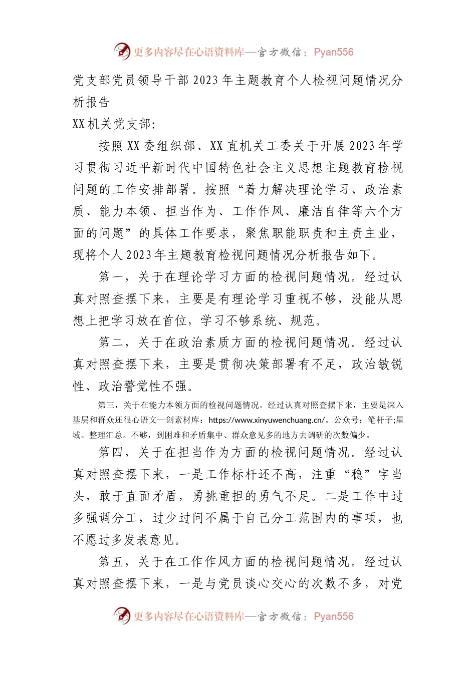党支部党员领导干部2023年主题教育个人检视问题情况分析报告.docx_第1页