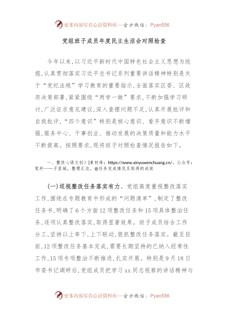党组班子成员年度民主生活会对照检查.docx_第1页