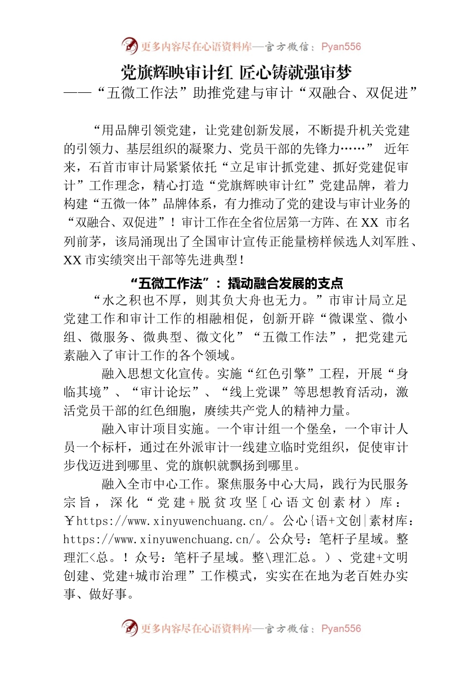 党旗辉映审计红 匠心铸就强审梦——“五微工作法”助推党建与审计“双融合、双促进”.docx_第1页