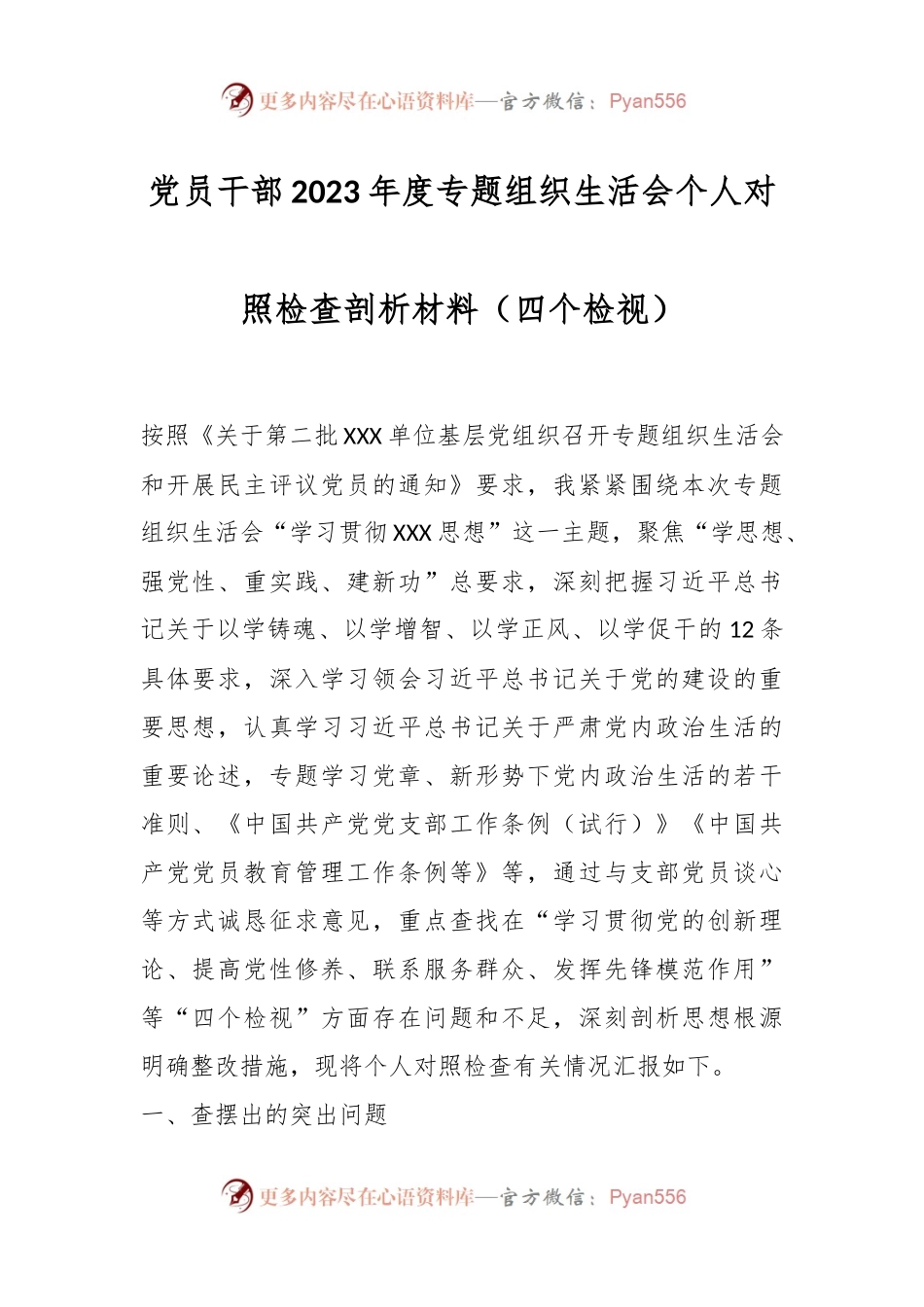 党员干部2023年度专题组织生活会个人对照检查剖析材料（四个检视）.docx_第1页