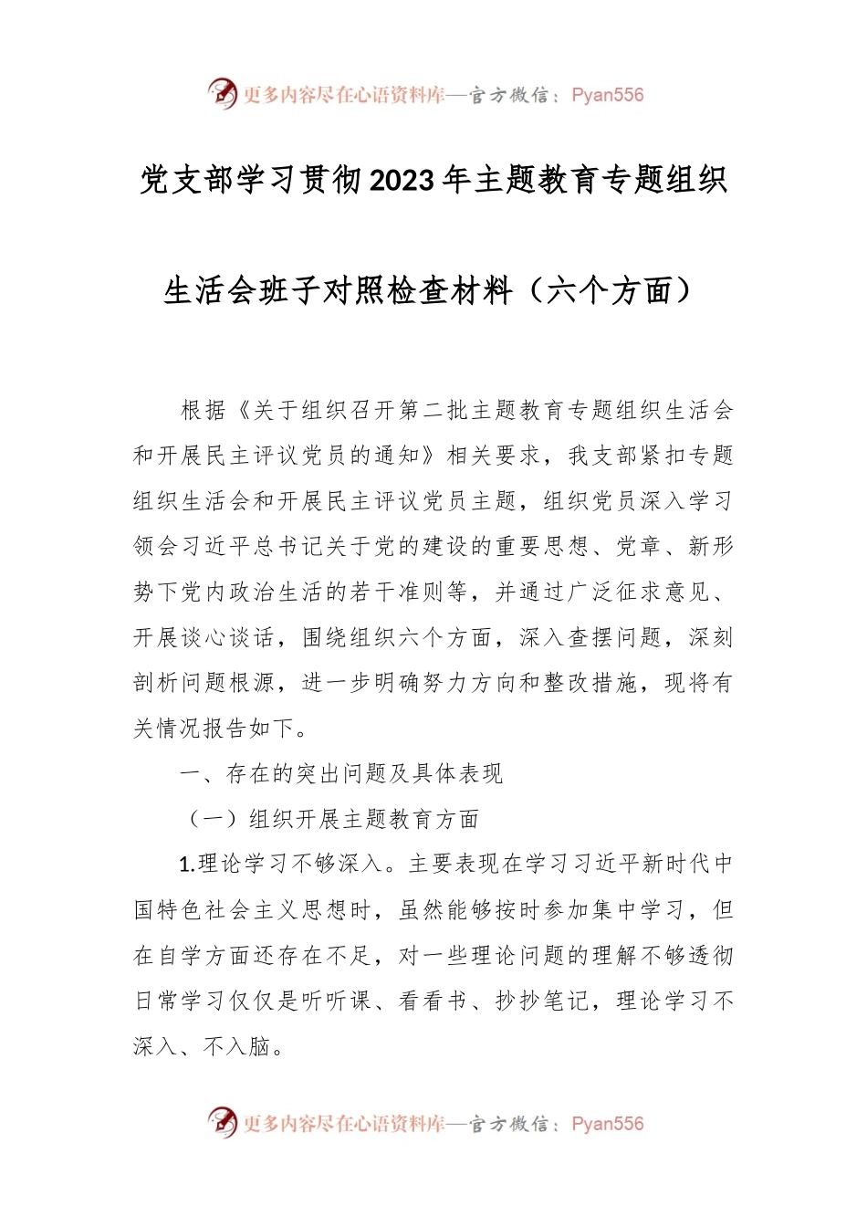 党支部学习贯彻2023年主题教育专题组织生活会班子对照检查材料（六个方面）.docx_第1页
