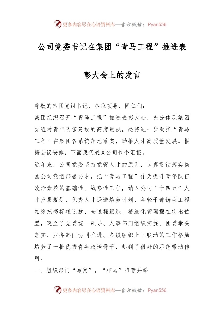 公司党委书记在集团“青马工程”推进表彰大会上的发言.docx_第1页