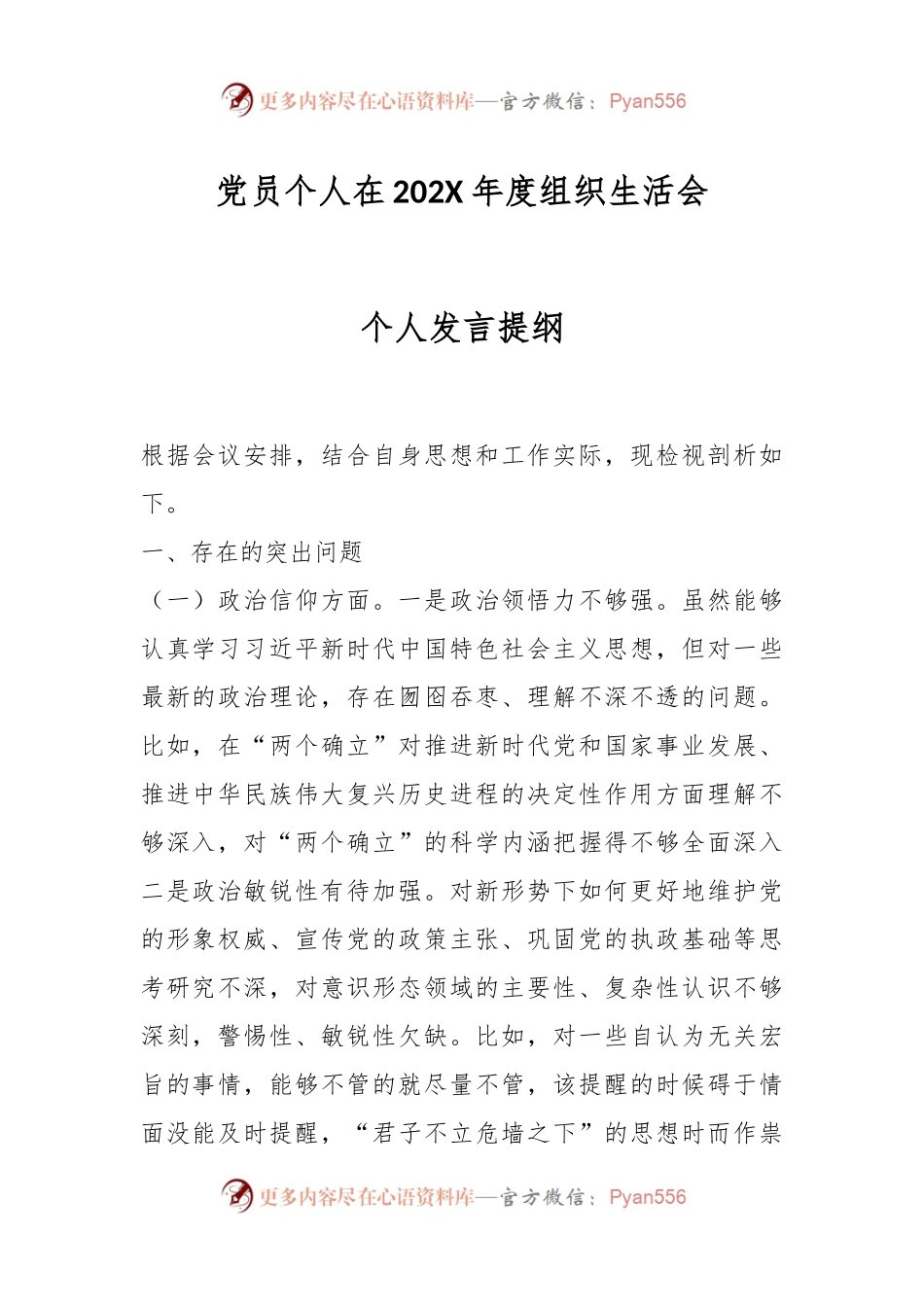 党员个人在202X年度组织生活会个人发言提纲.docx_第1页
