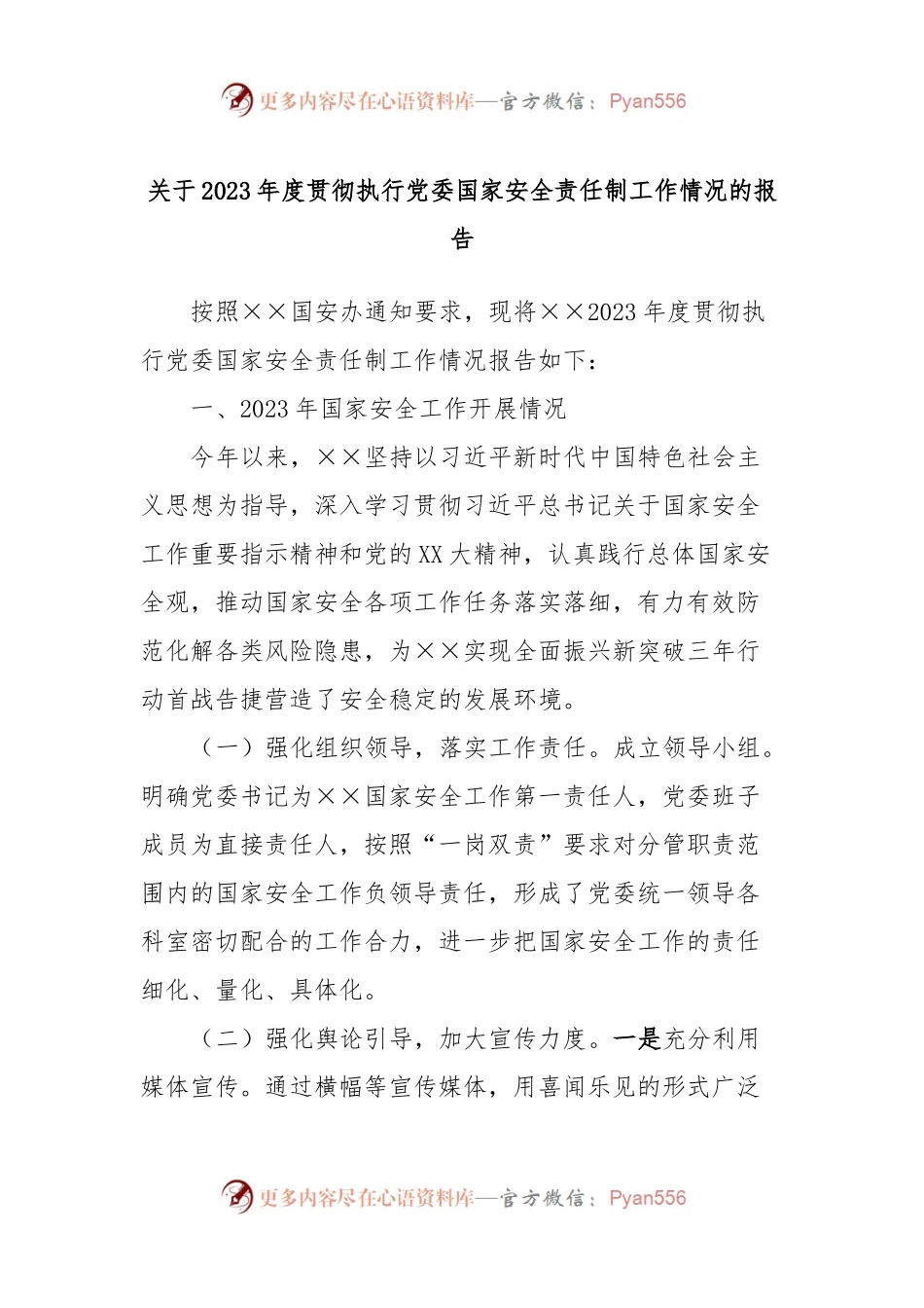 关于2023年度贯彻执行党委国家安全责任制工作情况的报告.docx_第1页